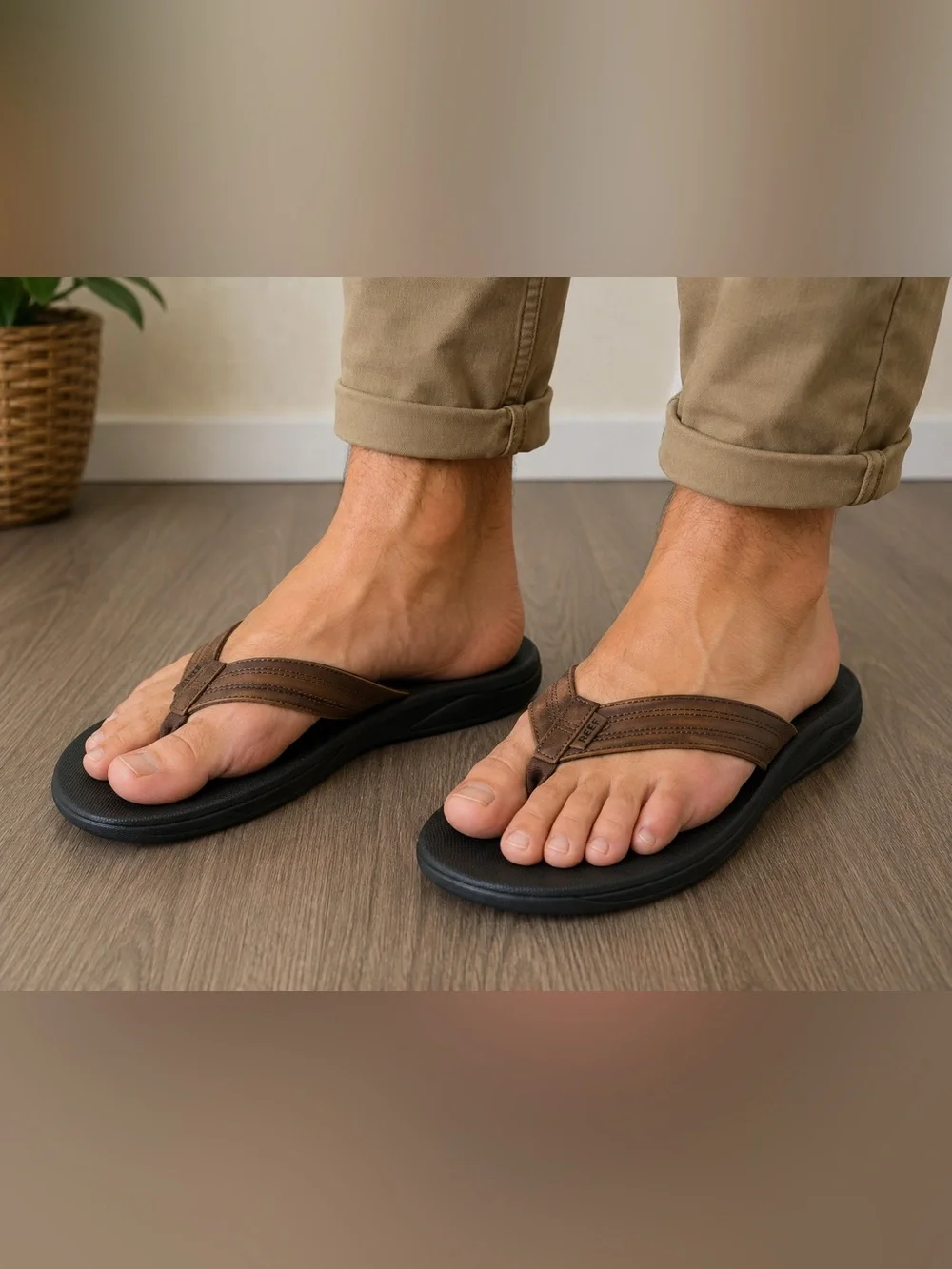 REEF Cushion Phantom LE Men’s 8 Black Brown Leather Flip Flops NWT
